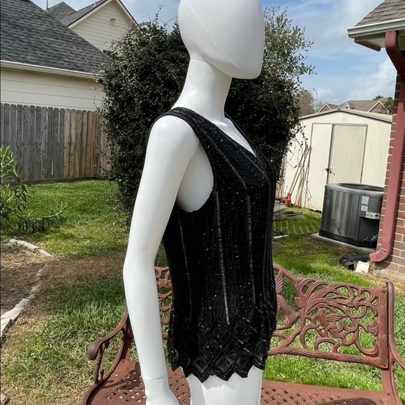 💋Papell Evening Black Beaded Sequined Luxury Camisole - Picture 5 of 15
